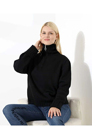 Yüksek Yaka Fermuarlı Triko Kazak