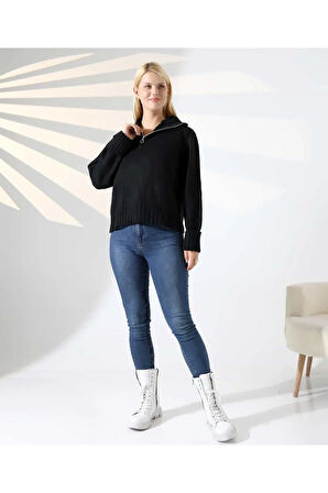 Yüksek Yaka Fermuarlı Triko Kazak