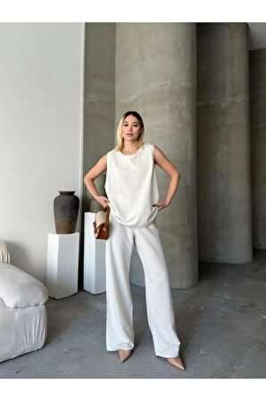 Marsilya Esintisi Bej Alt Üst Keten Takım