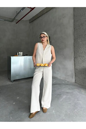 Porto Esintisi Bej Alt Üst Keten Takım