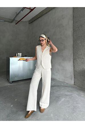 Porto Esintisi Bej Alt Üst Keten Takım