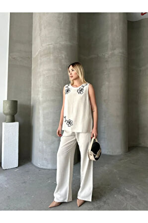 Paris Esintisi Bej Alt Üst Keten Takım