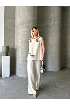 Paris Esintisi Bej Alt Üst Keten Takım