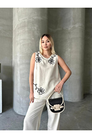 Paris Esintisi Bej Alt Üst Keten Takım