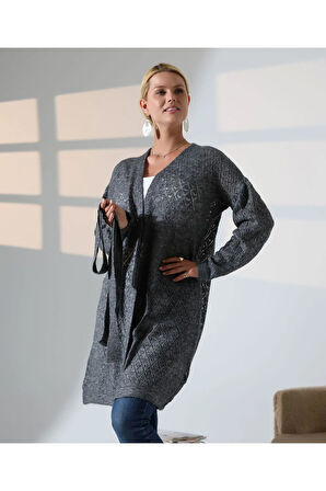 Delikli Kemerli Triko Hırka