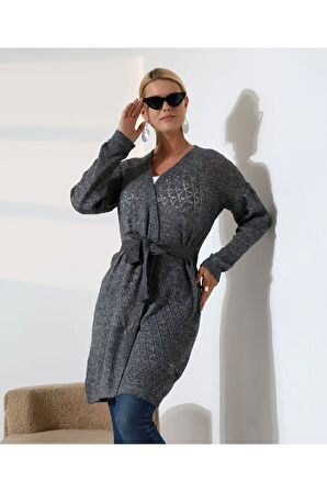 Delikli Kemerli Triko Hırka