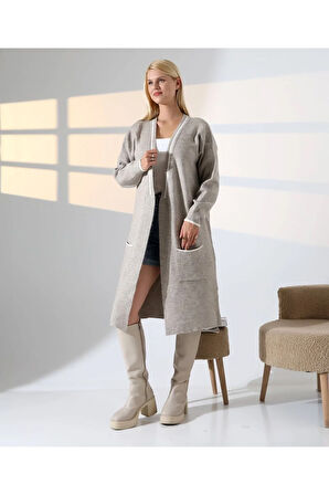 Cep Detaylı Dikişli Kuşaklı Triko Hırka