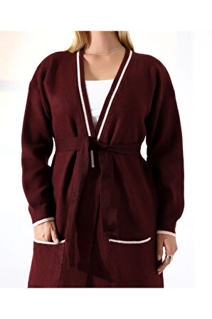 Cep Detaylı Dikişli Kuşaklı Triko Hırka