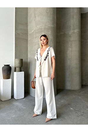 Roma Esintisi Alt Üst Bej Keten Takım