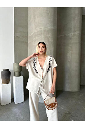 Roma Esintisi Alt Üst Bej Keten Takım