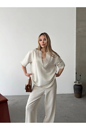 Sevilla Esintisi Bej Alt Üst Keten Takım