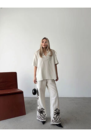 Malibu Esintisi Bej Alt Üst Keten Takım