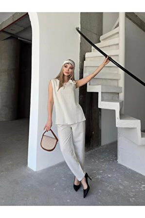 Mykonos Esintisi Bej Alt Üst Keten Takım