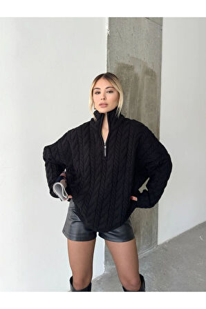 Örgülü Fermuarlı Triko Kazak