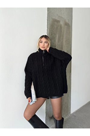 Örgülü Fermuarlı Triko Kazak