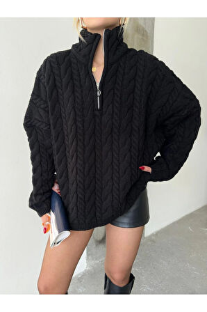 Örgülü Fermuarlı Triko Kazak