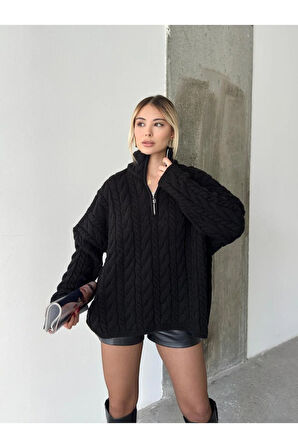 Örgülü Fermuarlı Triko Kazak