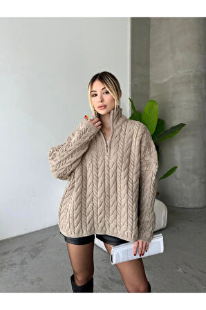 Örgülü Fermuarlı Triko Kazak