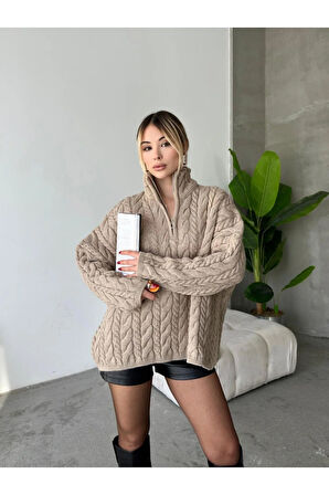 Örgülü Fermuarlı Triko Kazak