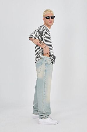 Erkek Baggy Relaxed Mavi Yıkamalı Pantolon