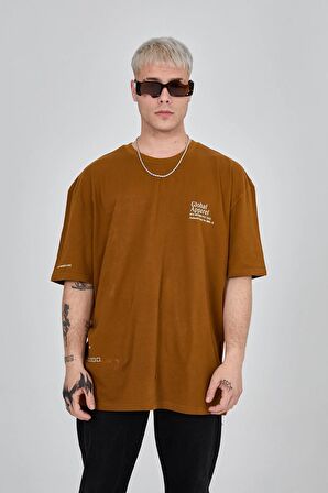 Unisex Oversize Baskılı Kahverengi Tişört