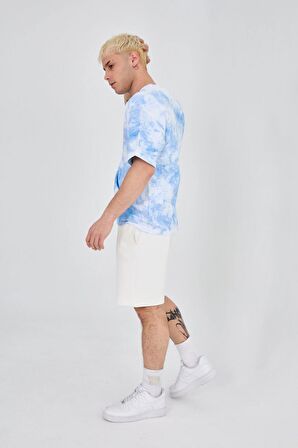 Erkek  Oversize  Nakışlı Mavi Yıkamalı Tshirt
