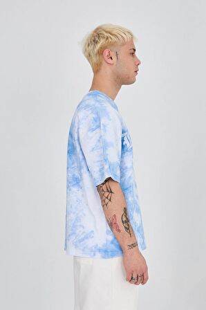 Erkek  Oversize  Nakışlı Mavi Yıkamalı Tshirt