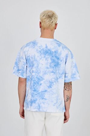 Erkek  Oversize  Nakışlı Mavi Yıkamalı Tshirt