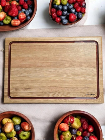 F&S WoodArt Meşe Ağacı 39 Cm Bakır Kırmızı Epoksi Dolgu Oluklu Kesme Tahtası Sunumluk