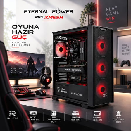 Eternal Power Intel Core i7 12700F Zotac NVIDIA GeForce RTX 4060 8GB 16GB Longline RAM 1TB Kingston KC3000 NVMe SSD MSI PRO B660M-B 600W Hazır Sistem Oyuncu Bilgisayarı