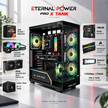 Eternal Power AMD Ryzen 7 9800X3D - MSI GeForce RTX 4070 Ventus 2X - 16GB DDR5 6000MHz RAM - 1TB NVMe M.2 SSD - Corsair Nautilus 240mm Sıvı Soğutma Hazır Oyuncu Bilgisayarı