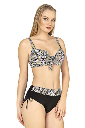 Endeep Kadın Büyük Beden Balenli Destekli Renkli Leopar Desenli Bikini Takımı