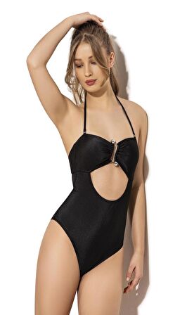 Endeep Kadın Aksesuarlı Fitilli Straplez Siyah Mayo