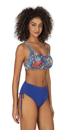 Endeep Kadın Büyük Beden Balenli Destekli Bağlama Detaylı Mavi Desenli Bikini Takımı