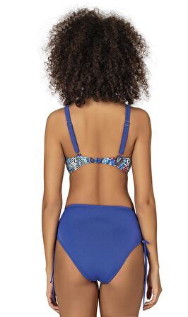 Endeep Kadın Büyük Beden Balenli Destekli Bağlama Detaylı Mavi Desenli Bikini Takımı