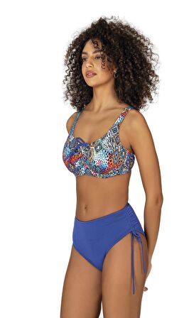 Endeep Kadın Büyük Beden Balenli Destekli Bağlama Detaylı Mavi Desenli Bikini Takımı