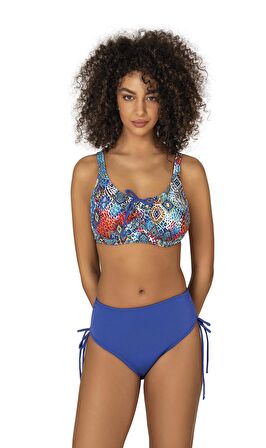Endeep Kadın Büyük Beden Balenli Destekli Bağlama Detaylı Mavi Desenli Bikini Takımı