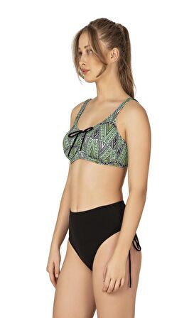 Endeep Kadın Büyük Beden Balenli Destekli Bağlama Detaylı Yeşil Desenli Bikini Takımı