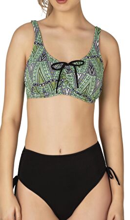 Endeep Kadın Büyük Beden Balenli Destekli Bağlama Detaylı Yeşil Desenli Bikini Takımı