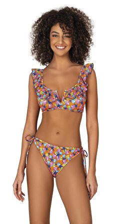 Endeep Kadın Fırfır Detaylı Turuncu Desenli Bikini Takımı