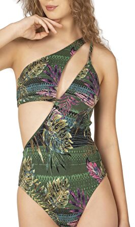 Endeep Kadın Yeşil Yaprak Desenli Parıltılı Tek Omuz Mayo