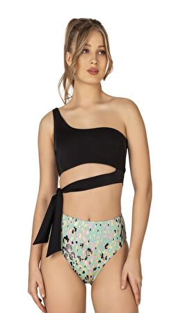 Endeep Kadın Yüksek Bel Yan Bağlama Detaylı Yeşil Desenli Bikini Takımı