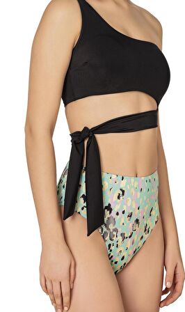 Endeep Kadın Yüksek Bel Yan Bağlama Detaylı Yeşil Desenli Bikini Takımı