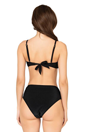 Endeep Kadın Aksesuarlı Yüksek Bel Dokulu Siyah Bikini Takımı