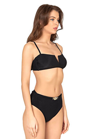Endeep Kadın Aksesuarlı Yüksek Bel Dokulu Siyah Bikini Takımı
