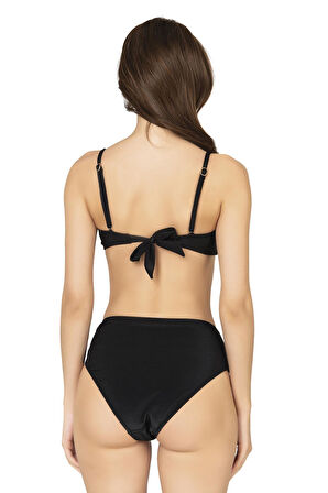 Endeep Kadın Aksesuarlı Yüksek Bel Dokulu Siyah Bikini Takımı