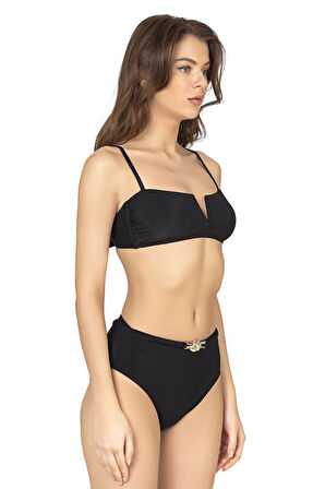 Endeep Kadın Aksesuarlı Yüksek Bel Dokulu Siyah Bikini Takımı