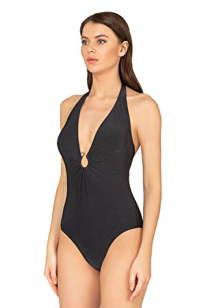 Endeep Kadın Aksesuarlı V Yaka Siyah Mayo