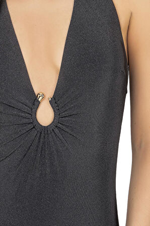 Endeep Kadın Aksesuarlı V Yaka Siyah Mayo