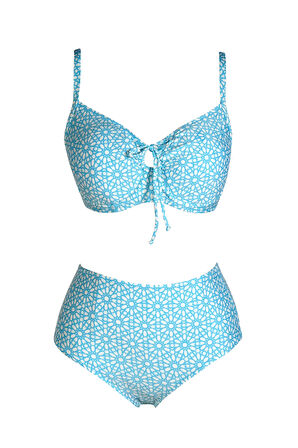 Endeep Kadın Balenli Destekli Büyük Beden Açık Mavi Yüksek Bel Bikini Takımı